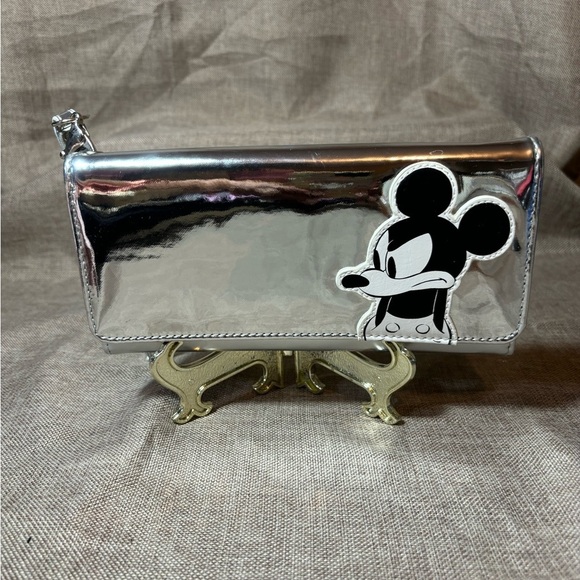 Disney Mickey Mouse Grayscale Metallic Silver Wallet Clutch Wristlet - Picture 1 of 8